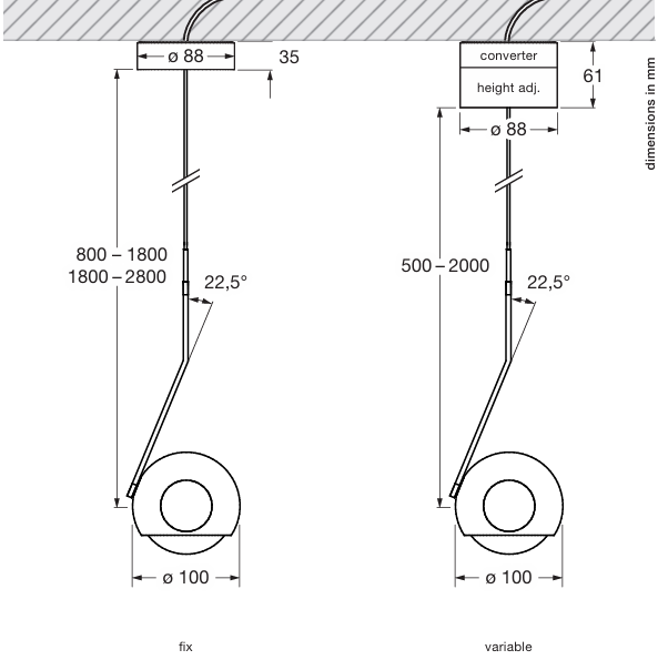 Product specifications for Shiny Chrome / 50-200 cm Variable Height w/ Up Mounting / 80° Contour w/ 2700K