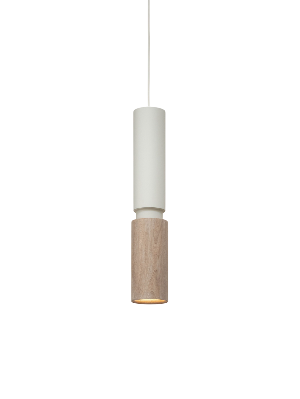 Pendant light with white shade and wooden base on a white background