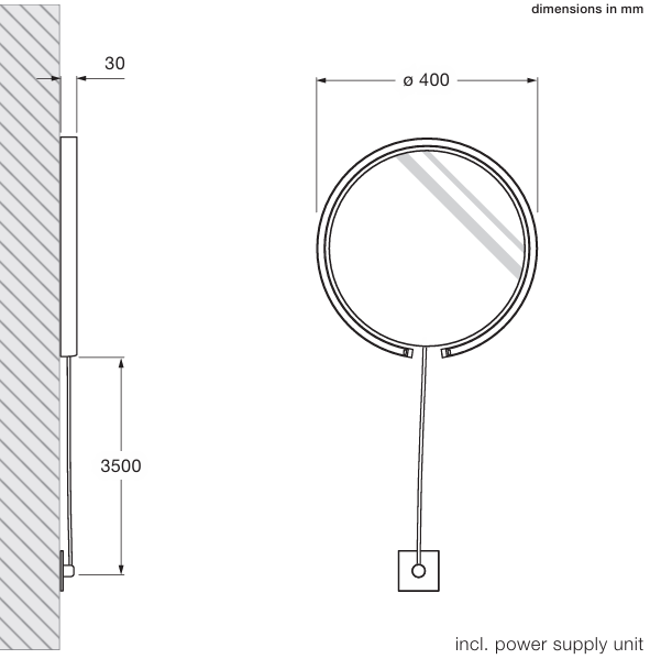 Product specifications for Matt White / 40 cm / Matt White w/ Clear Mirror