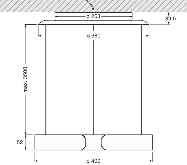 Product specifications for 40 cm w/ White Cover / 50 - 200 cm without Control / Wide w/ Up Mount