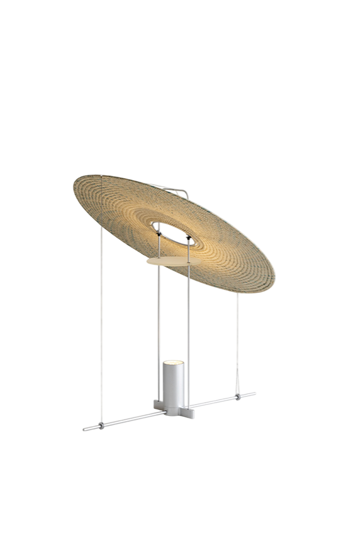 Modern pendant light with circular design on a white background