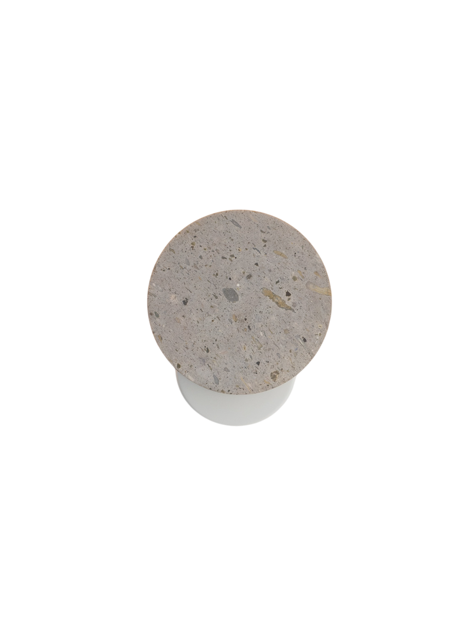 Close-up of a light fixture with a smooth, light-colored terrazzo stone shade mounted on a white circular metal base.