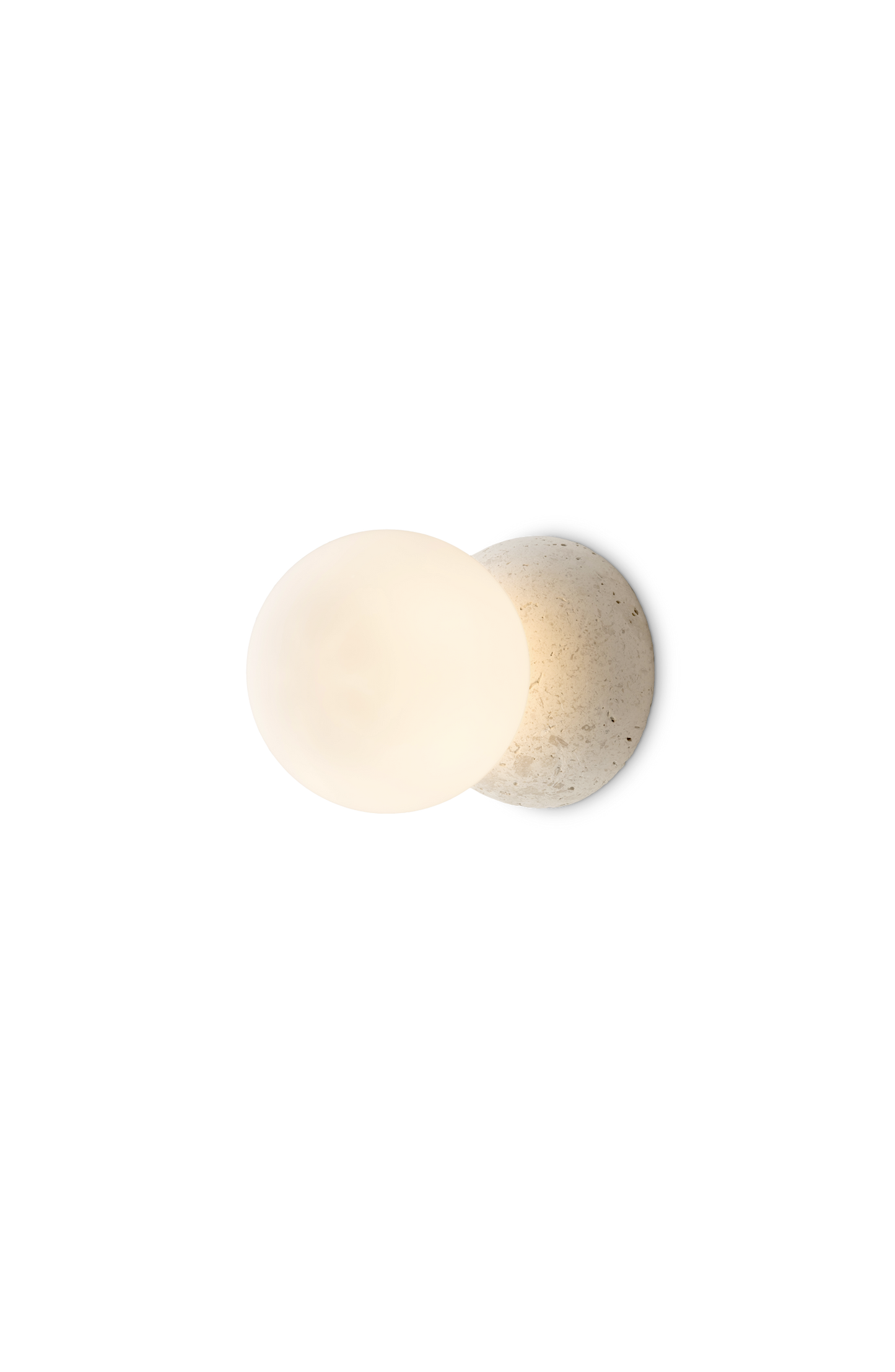 Studio render of the Origo wall lamp with stone-textured base and glowing sphere.