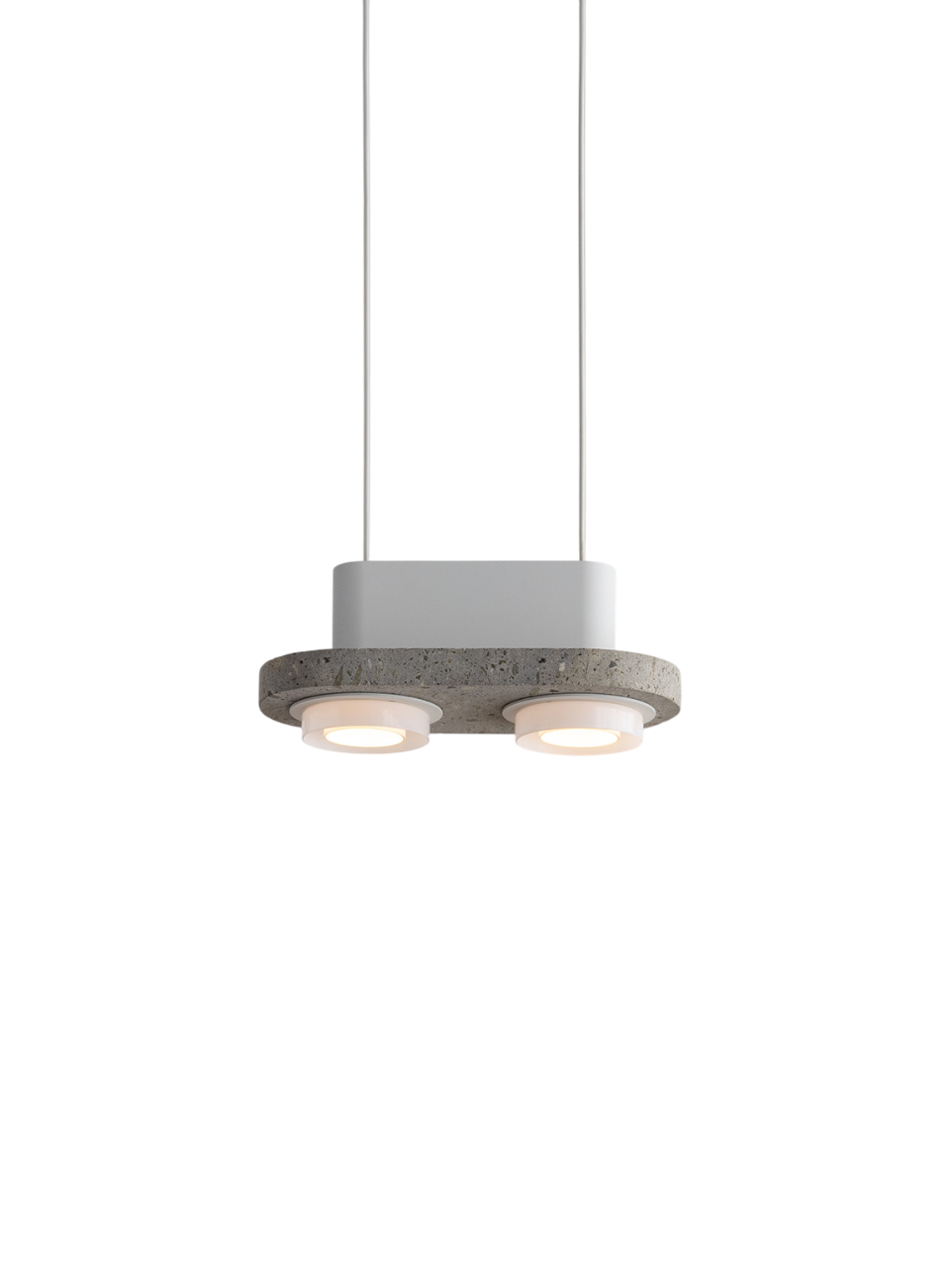 Pendant light with two round LED bulbs and a concrete base, featuring a white metal housing.