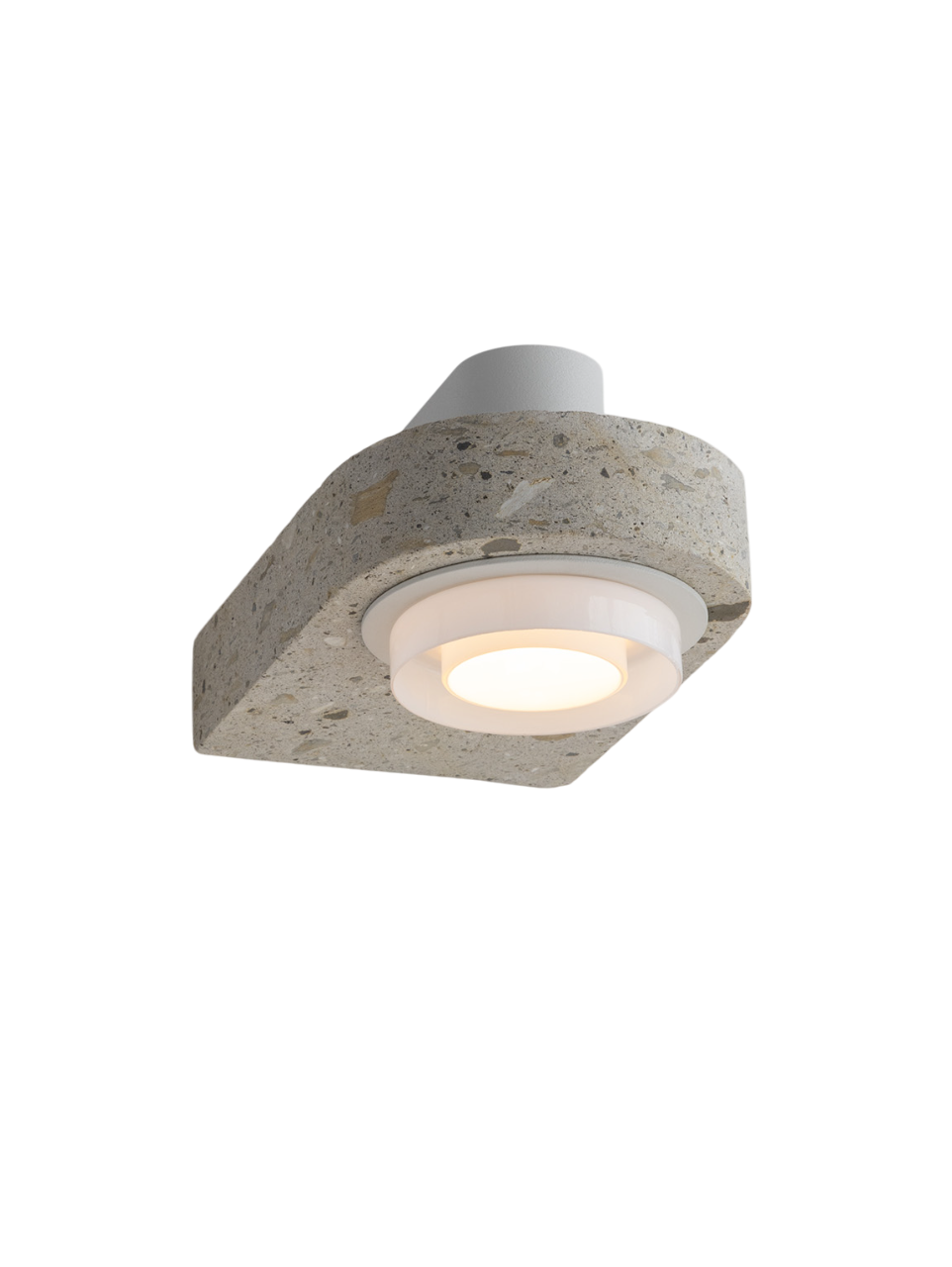 Close-up of a white metal housing pendant light with a textured concrete base and a round LED bulb.