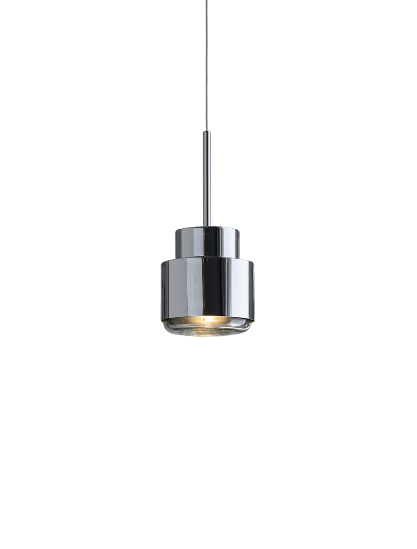 A photo studio of a pendant lamp with polished chrome finish.