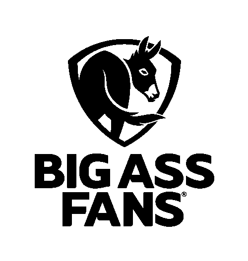 Logo of 'Big Ass Fans' with a donkey silhouette on a white background