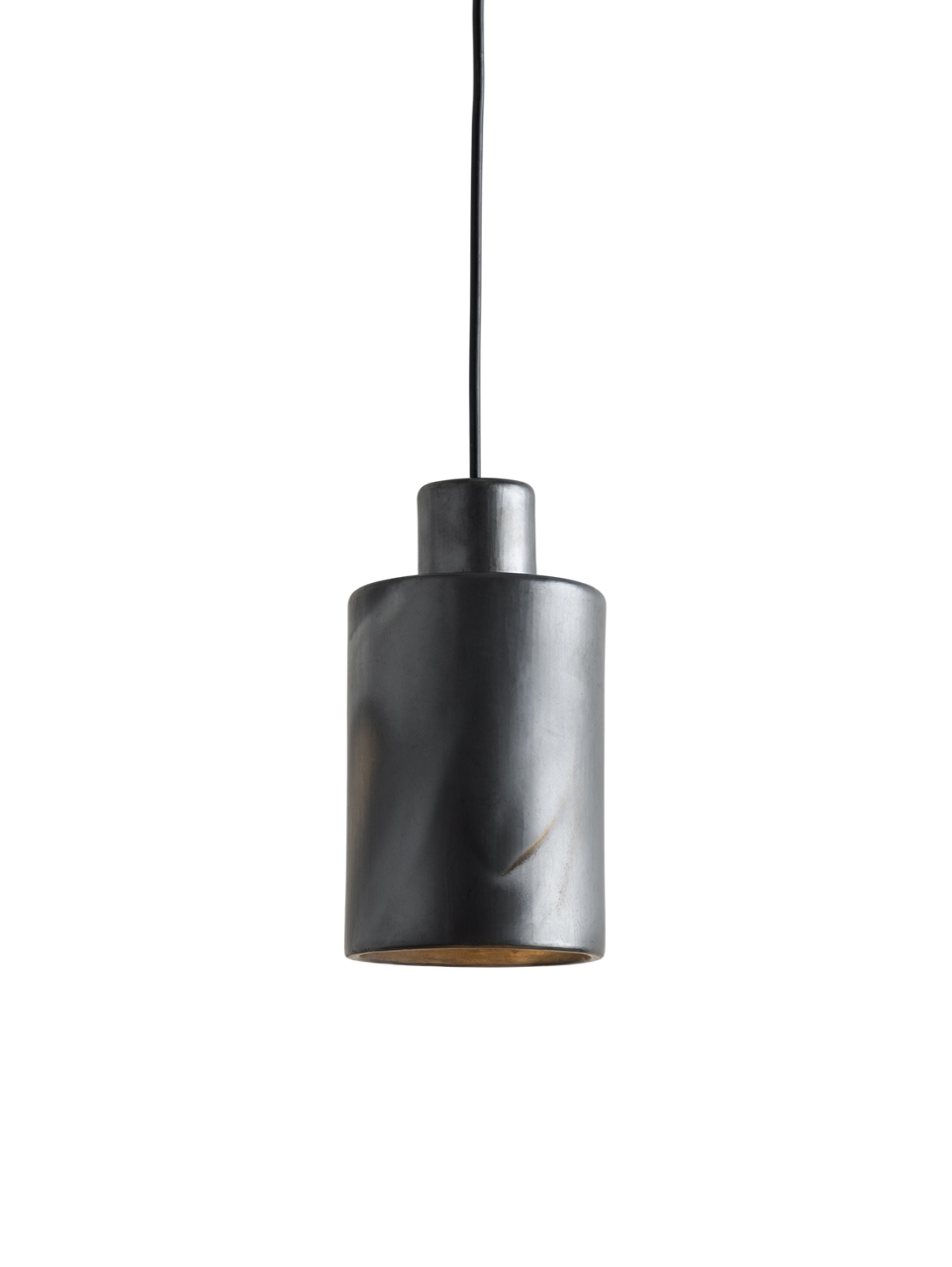 Studio photo of a black texturized pendant lamp with white background.
