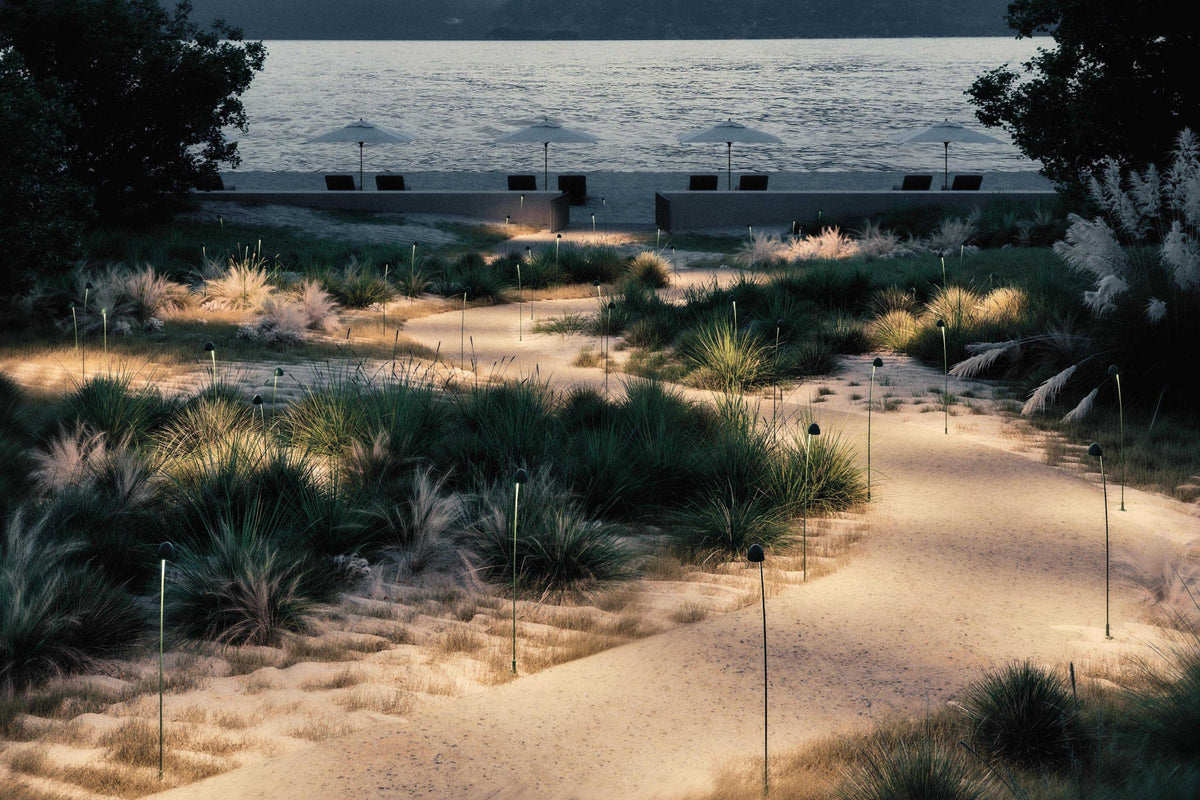 Cioèt outdoor bollard lights illuminating a coastal garden pathway