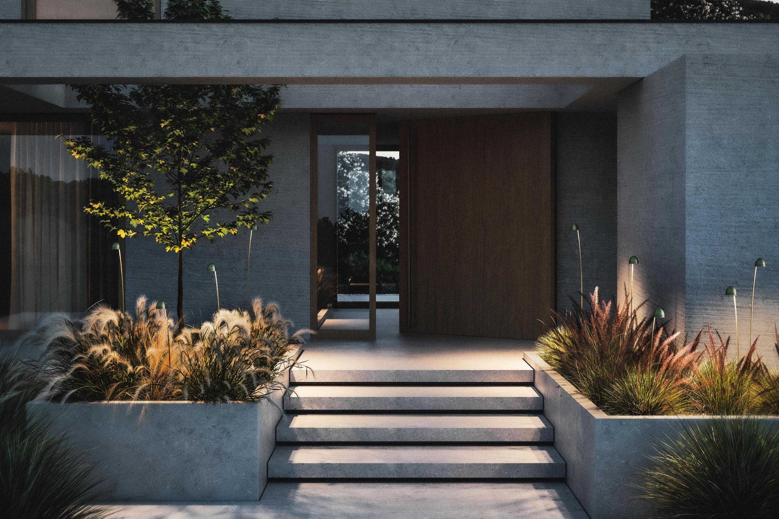 Cioèt landscape lighting beside outdoor steps and planting