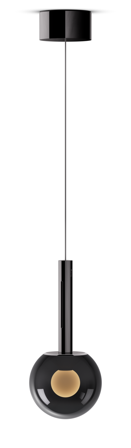 Modern pendant light with black glass shade and metallic fixture on a white background