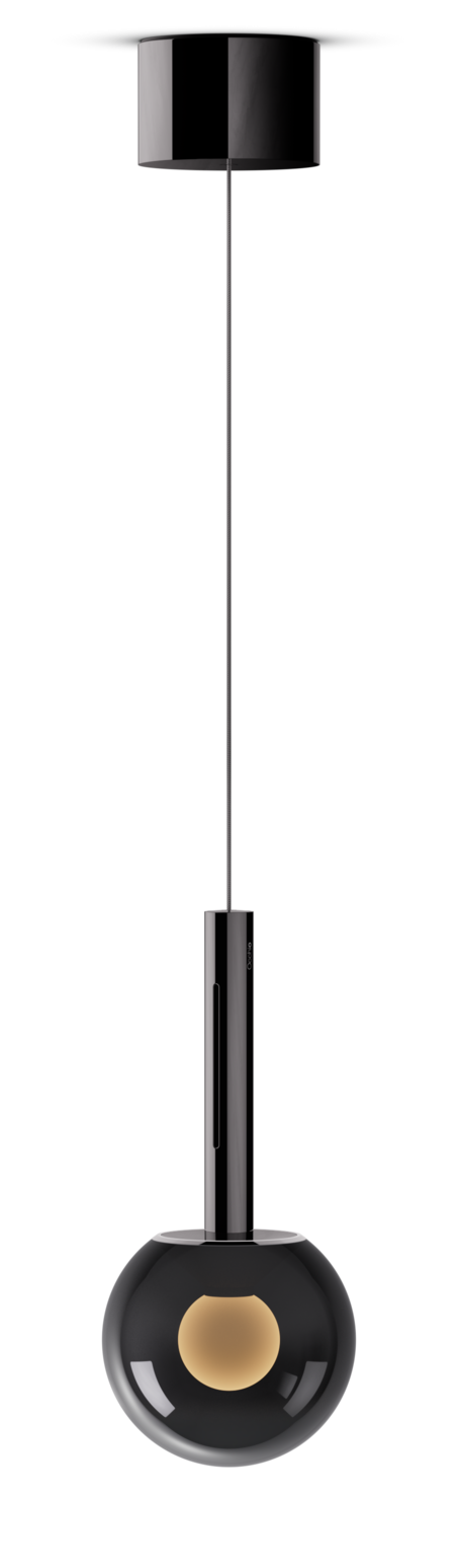 Modern pendant light with black and gold design on a white background