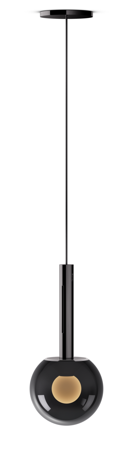 Modern pendant light with black glass shade and metallic fixture on a white background
