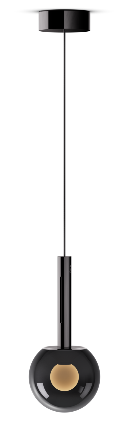 Modern pendant light with black fixture and round glass shade on a white background