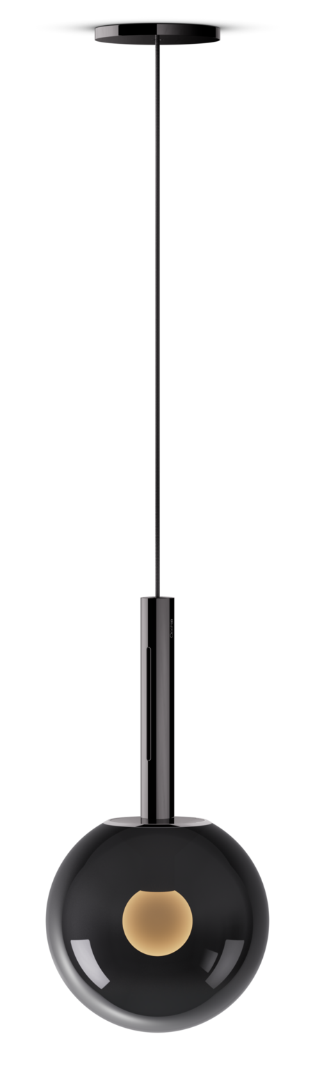 Black pendant light with a gold accent on a white background