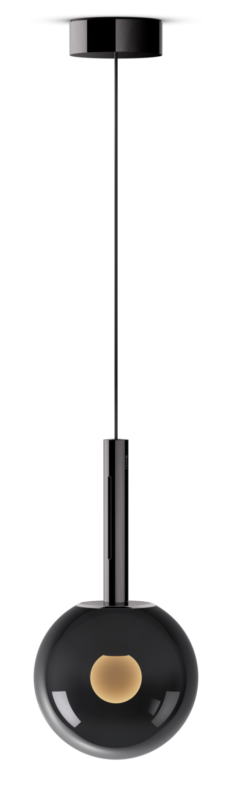 Black pendant light with a gold accent on a white background