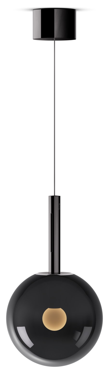 Black pendant light with a beige center on a white background