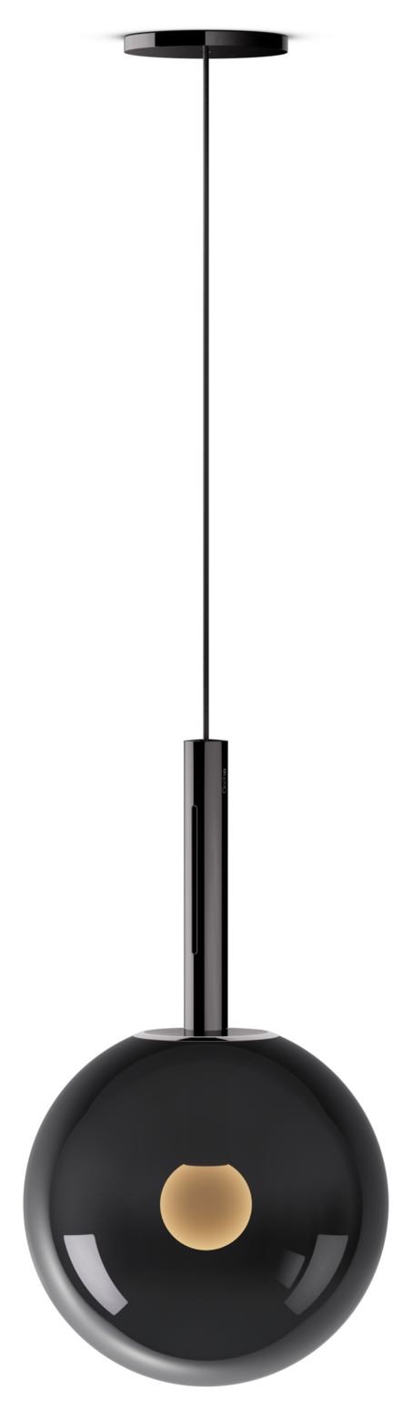 Black pendant light with a gold accent on a white background