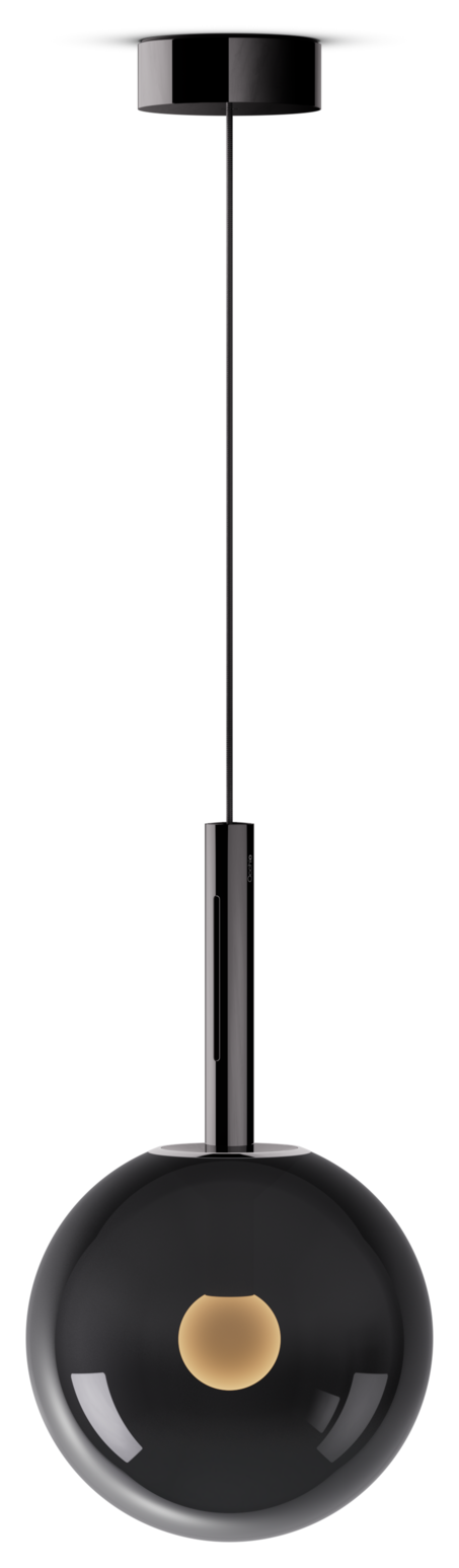 Black pendant light with a gold accent on a white background