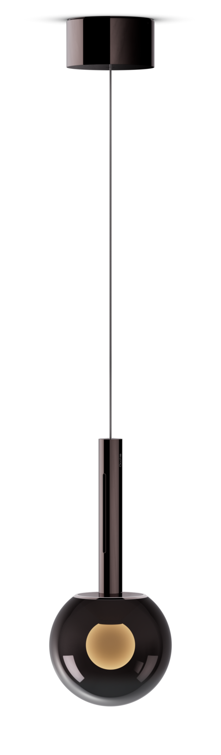 Modern pendant light with black and gold design on a white background
