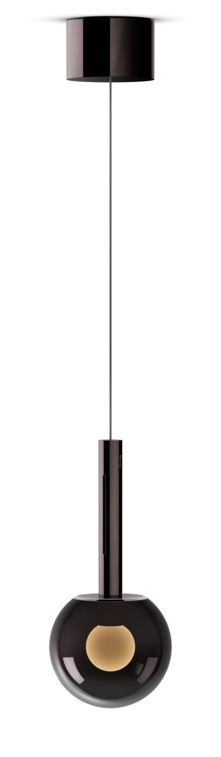 Modern pendant light with black and gold design on a white background