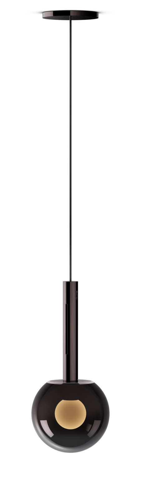 Modern pendant light with black fixture and round glass shade on a white background