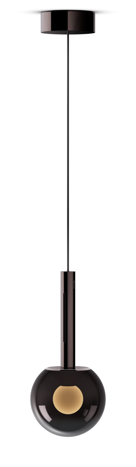 Modern pendant light with black fixture and round glass shade on a white background