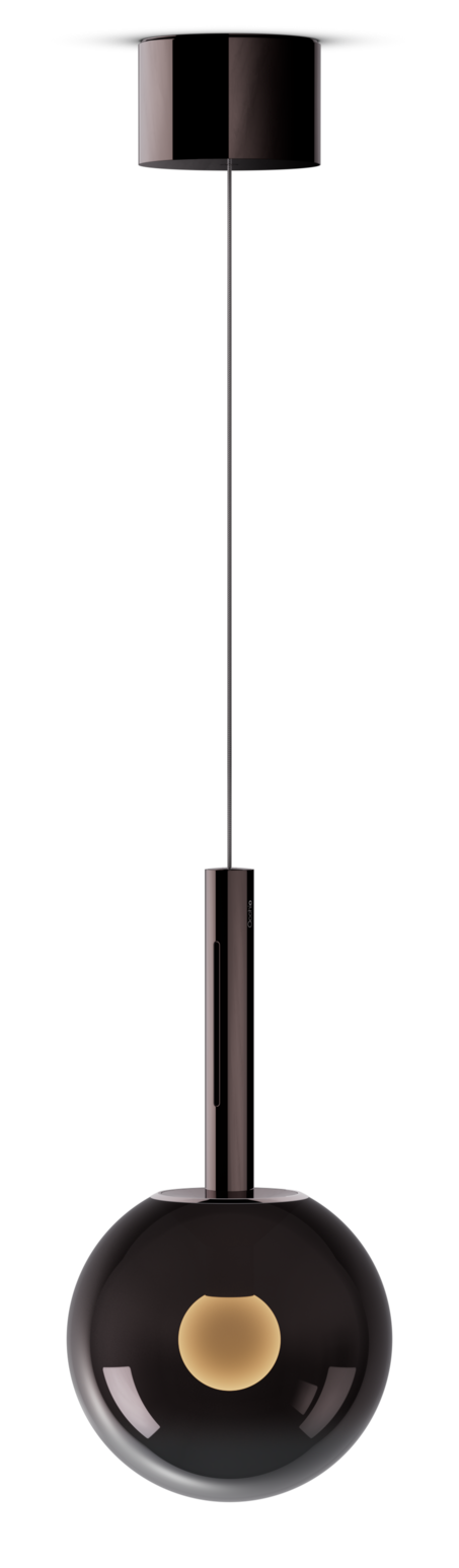 Modern black pendant light with a gold accent on a white background