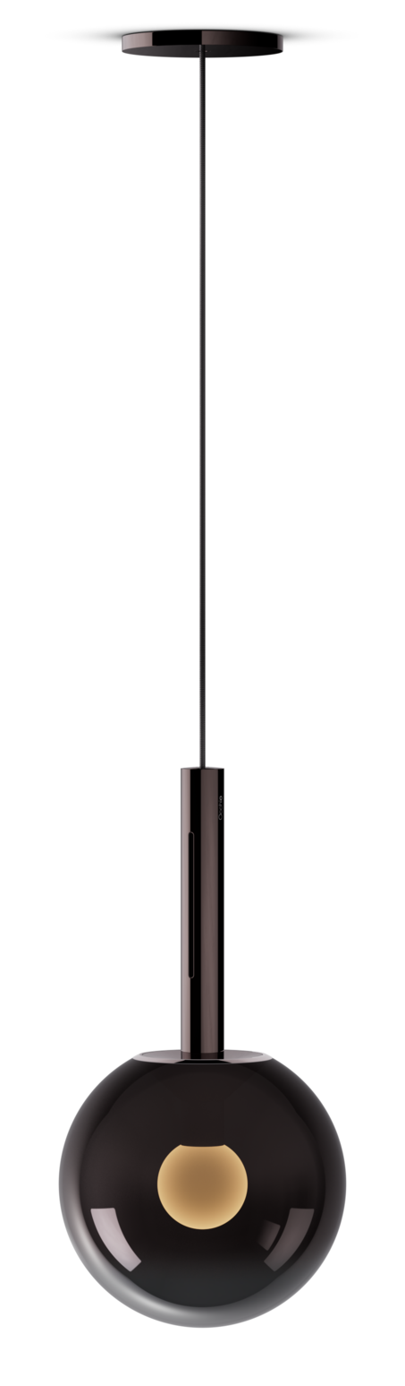 Modern pendant light with black globe shade on a white background