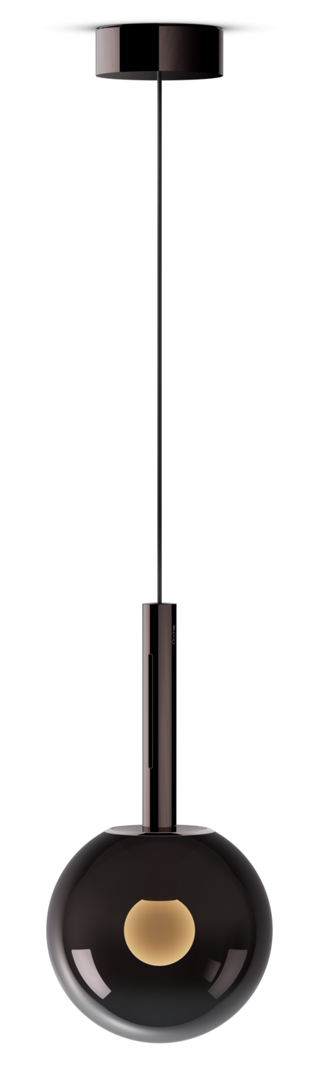 Modern pendant light with black fixture and gold bulb on a white background