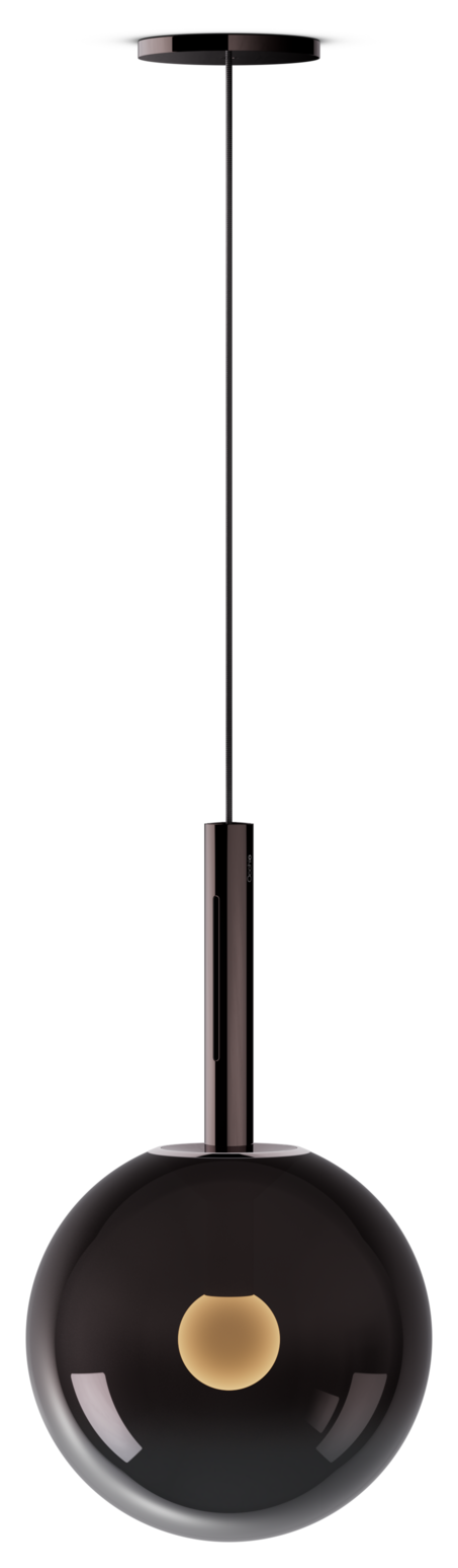Black pendant light with a gold accent on a white background