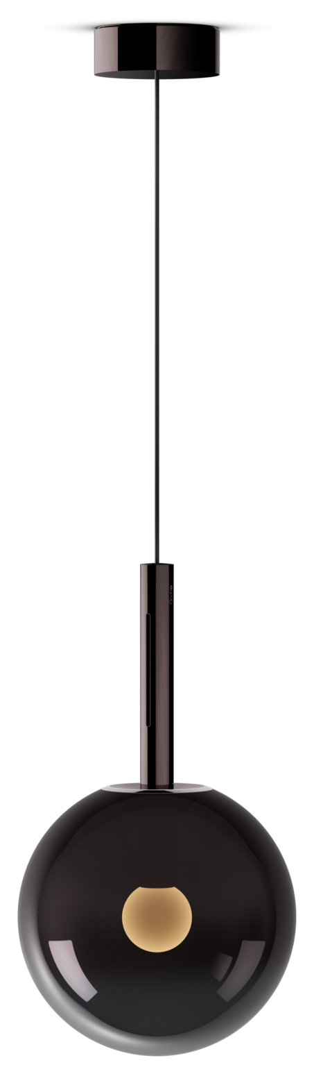 Black pendant light with a gold accent on a white background