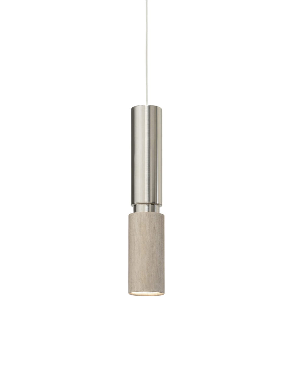 Pendant light with a brushed metal finish on the top and a light wood base, hanging from a wire.