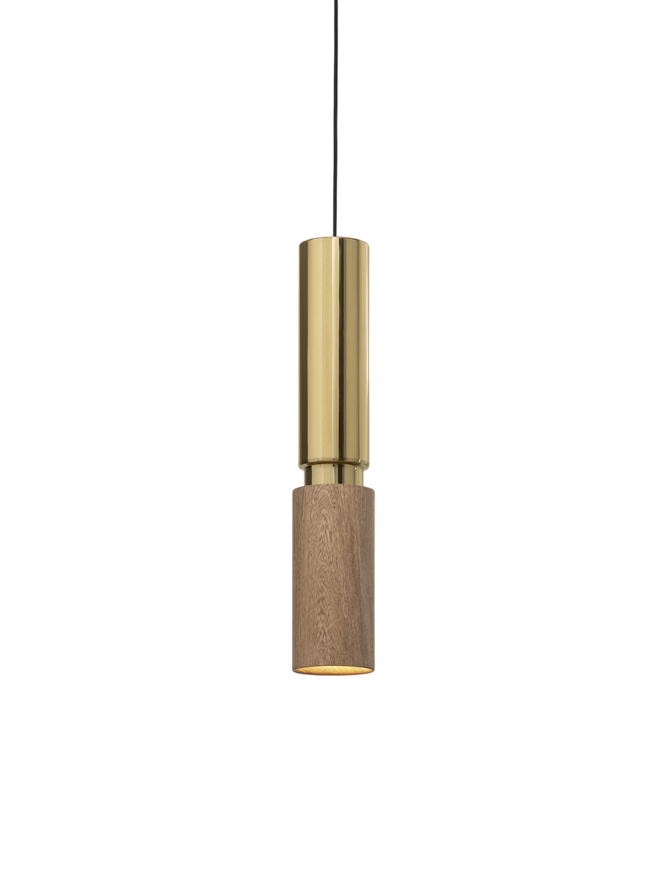 Pendant light with a gold-colored metal top and dark wood base, hanging from a black cord.