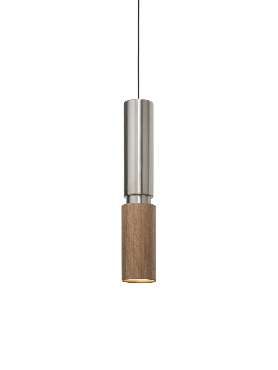 Pendant light with a stainless steel top and walnut-colored wooden base, suspended by a black cord.