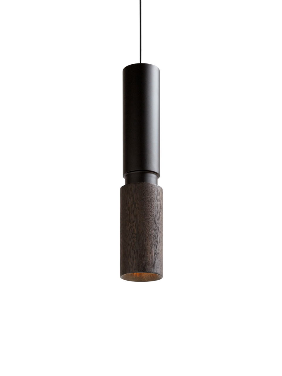 Pendant light with a matte black metal top and dark wood base, hanging from a wire.