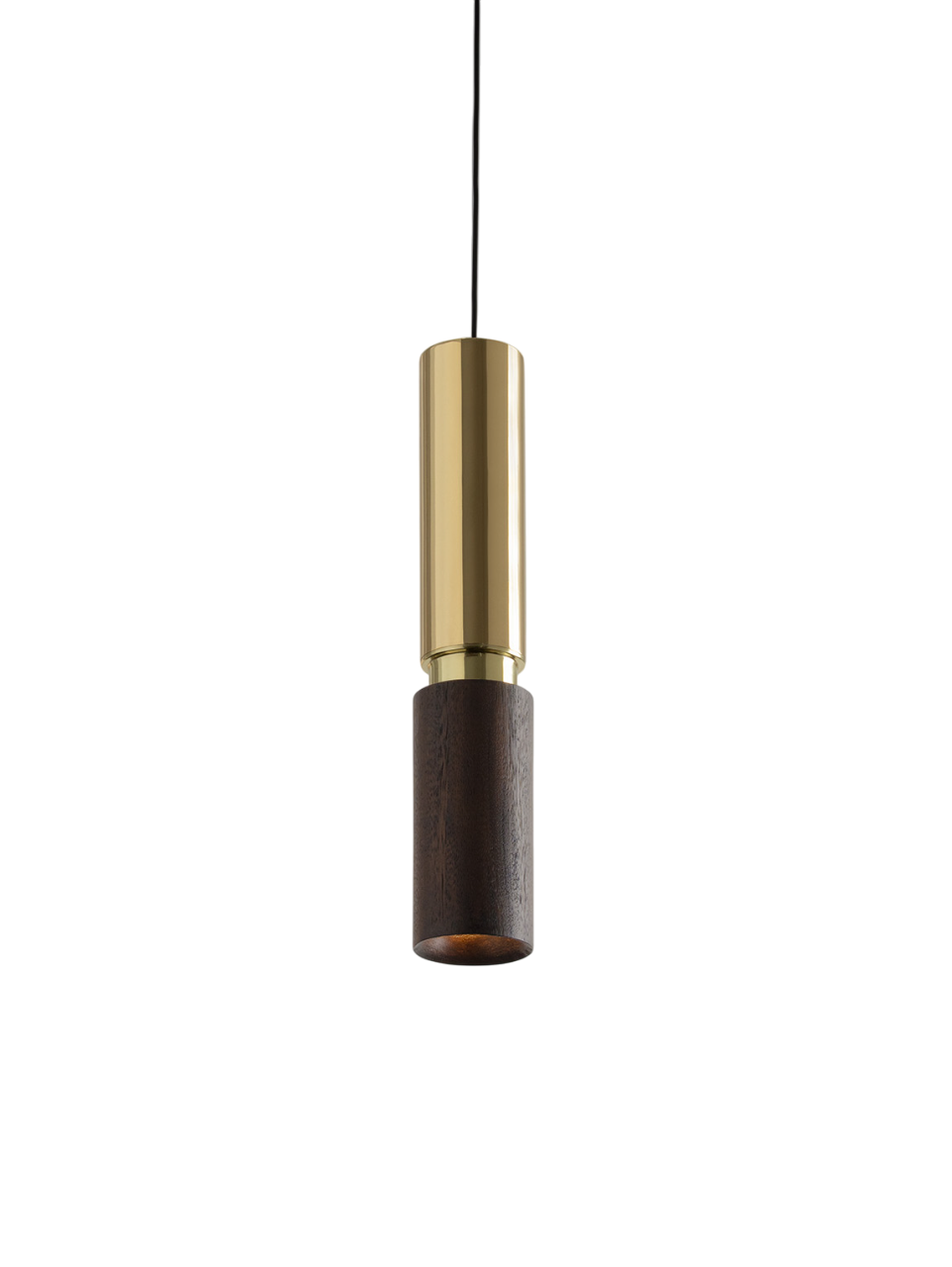 Pendant light with brass and black design on a white background