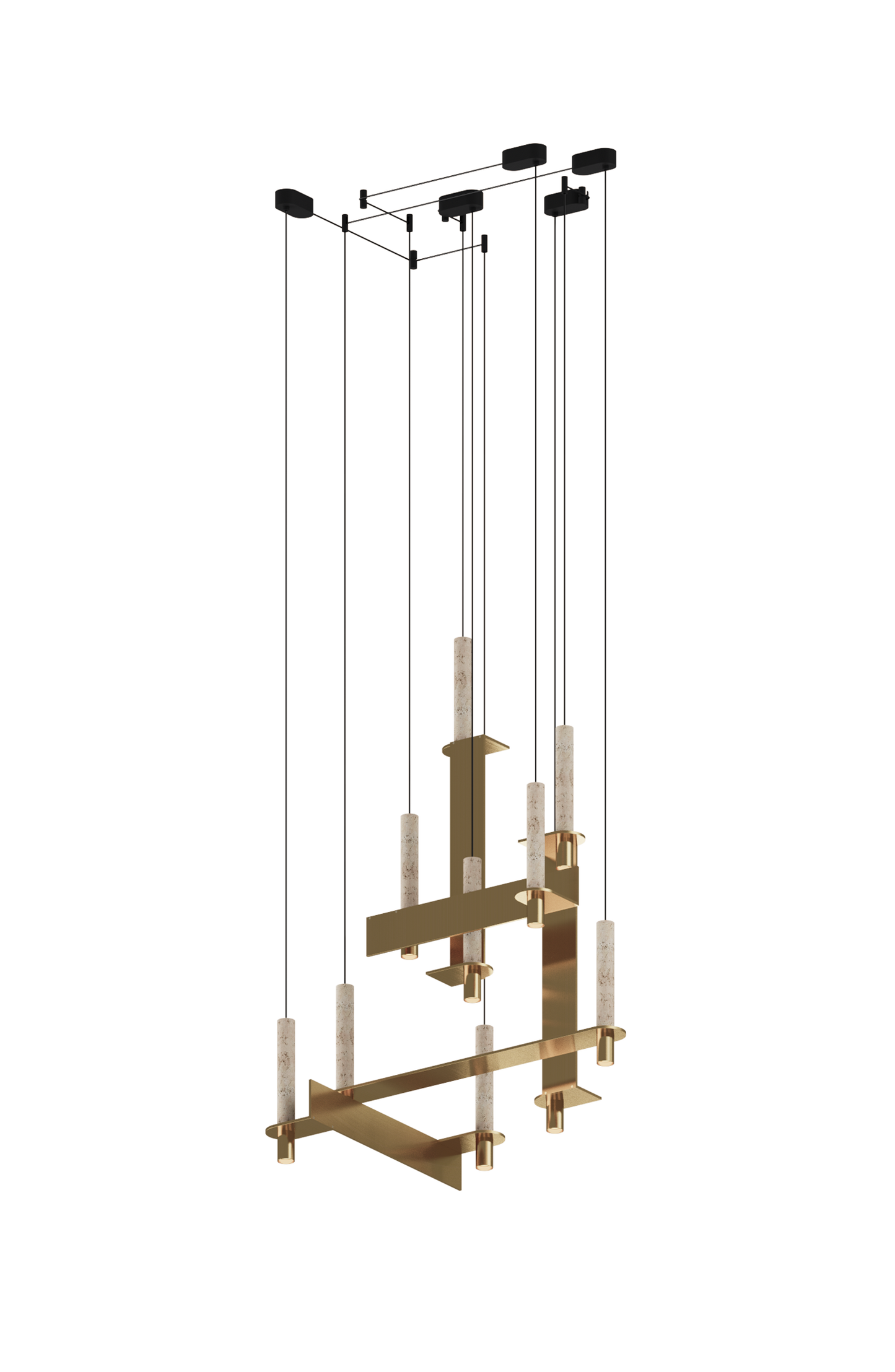 Modern chandelier with brass and stone finish on a white background