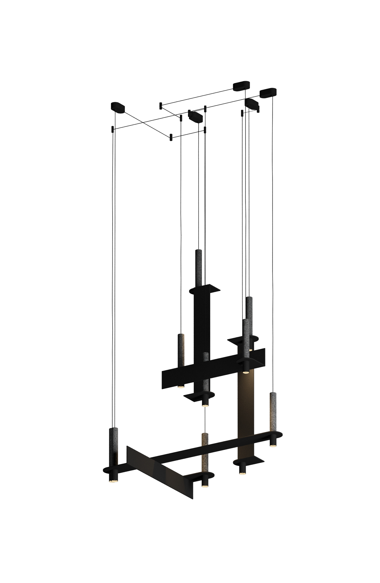 Geometric black pendant lighting configuration with vertical and horizontal elements, featuring multiple cylindrical downlights.