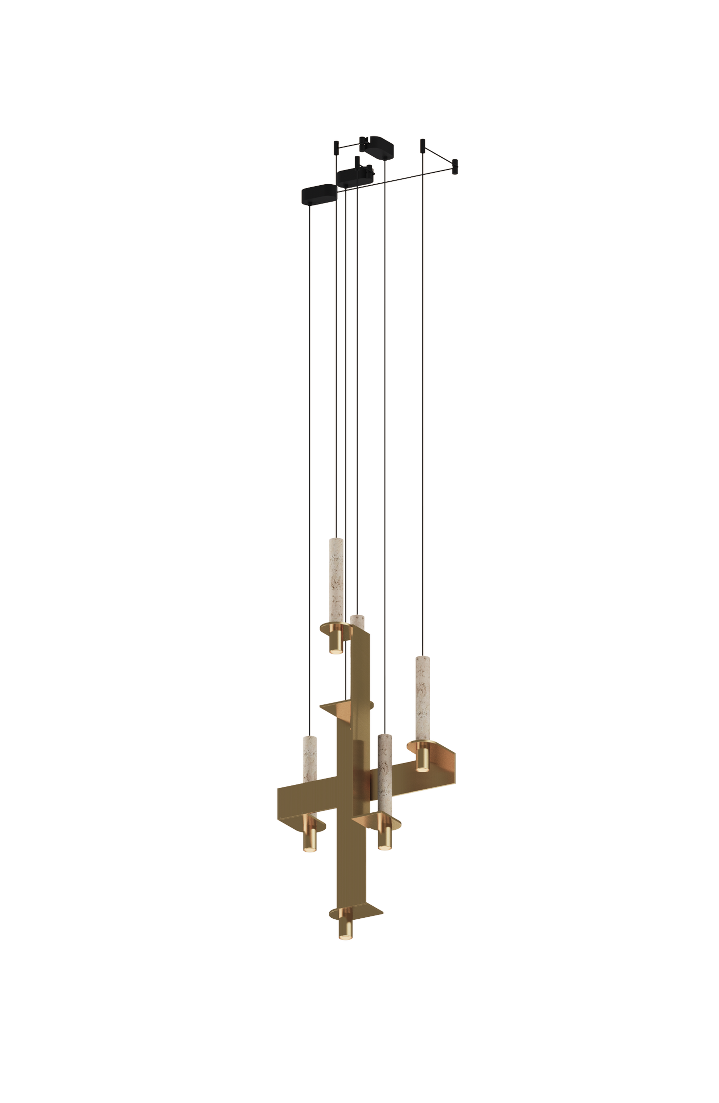 Modern ceiling light fixture with brass base and black accents on a white background