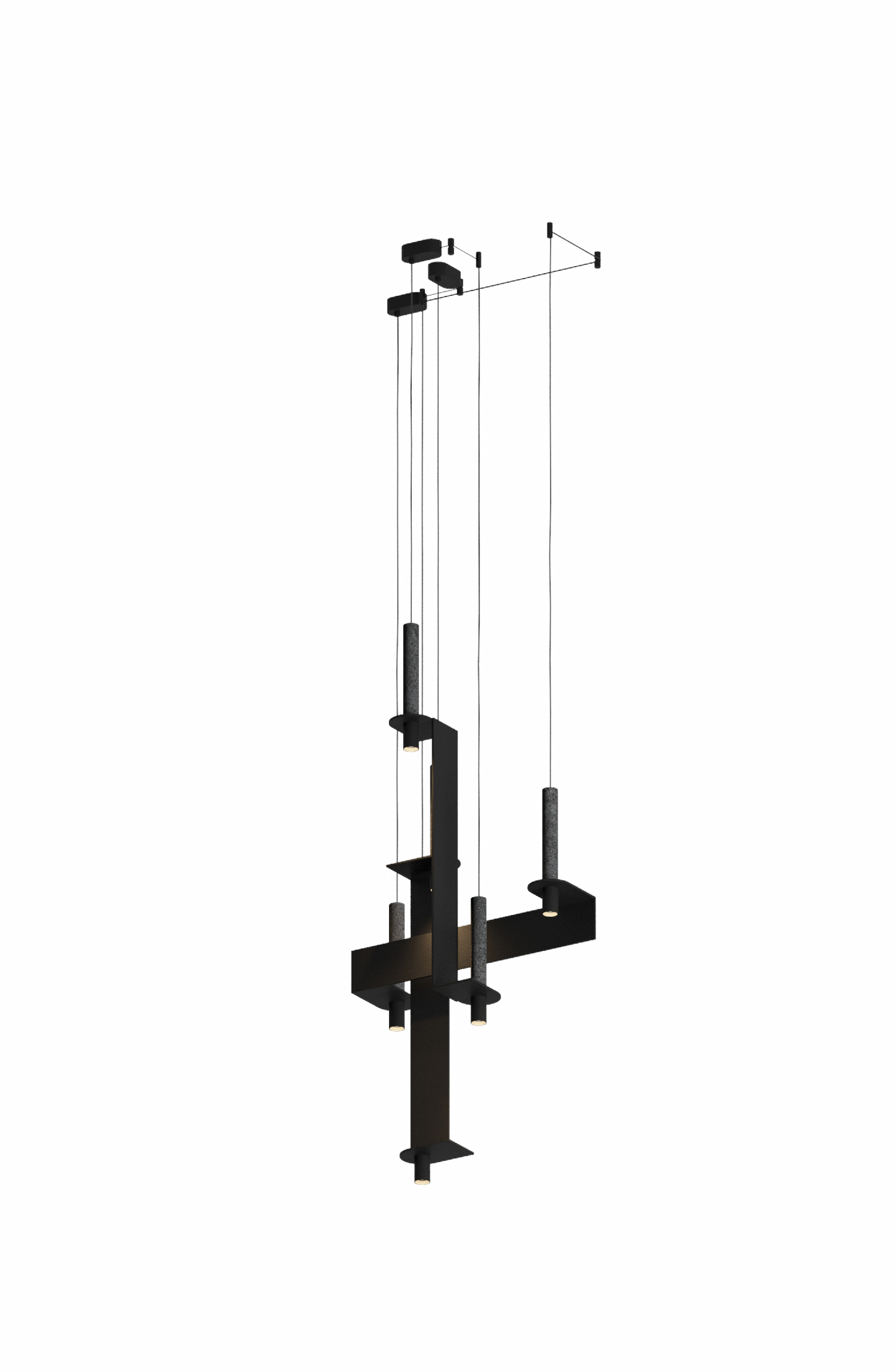 Black pendant light structure with intersecting vertical and horizontal elements, featuring cylindrical stone-like supports and multiple downlights.