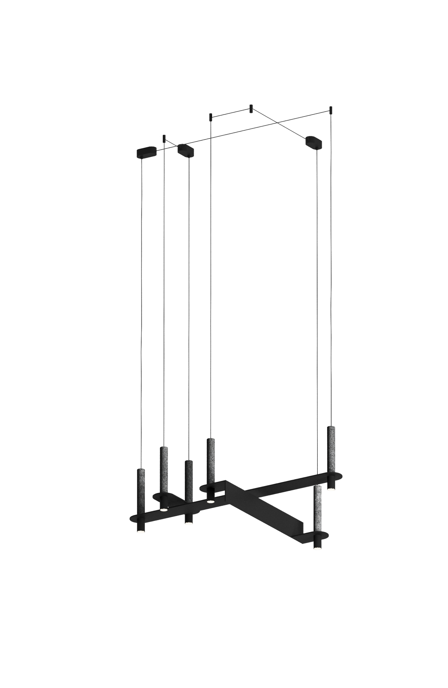 Cluster of modular black pendant lights arranged in overlapping horizontal bars, suspended with thin cables and downlights at each end.
