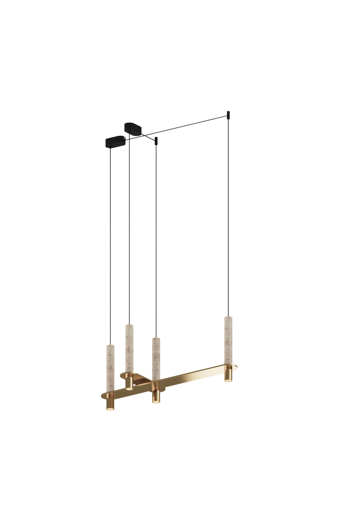 Modern pendant light fixture with brass base and black accents on a white background