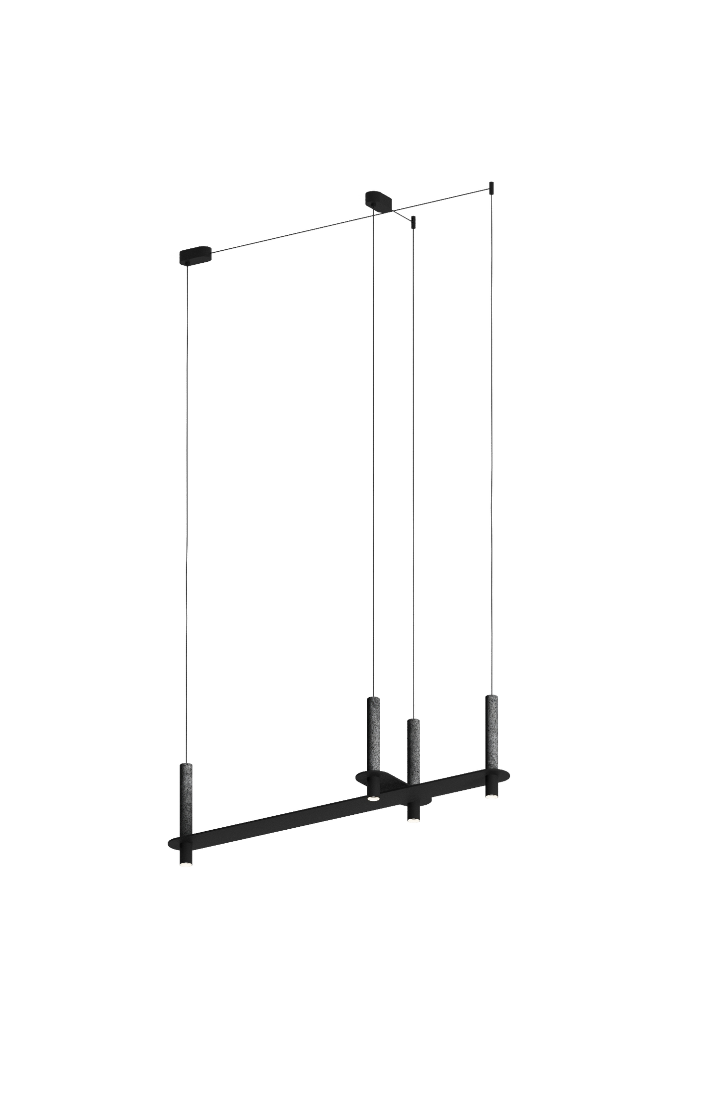 Slim black pendant light suspended by two cables, with four cylindrical supports and integrated downlights along a horizontal bar.