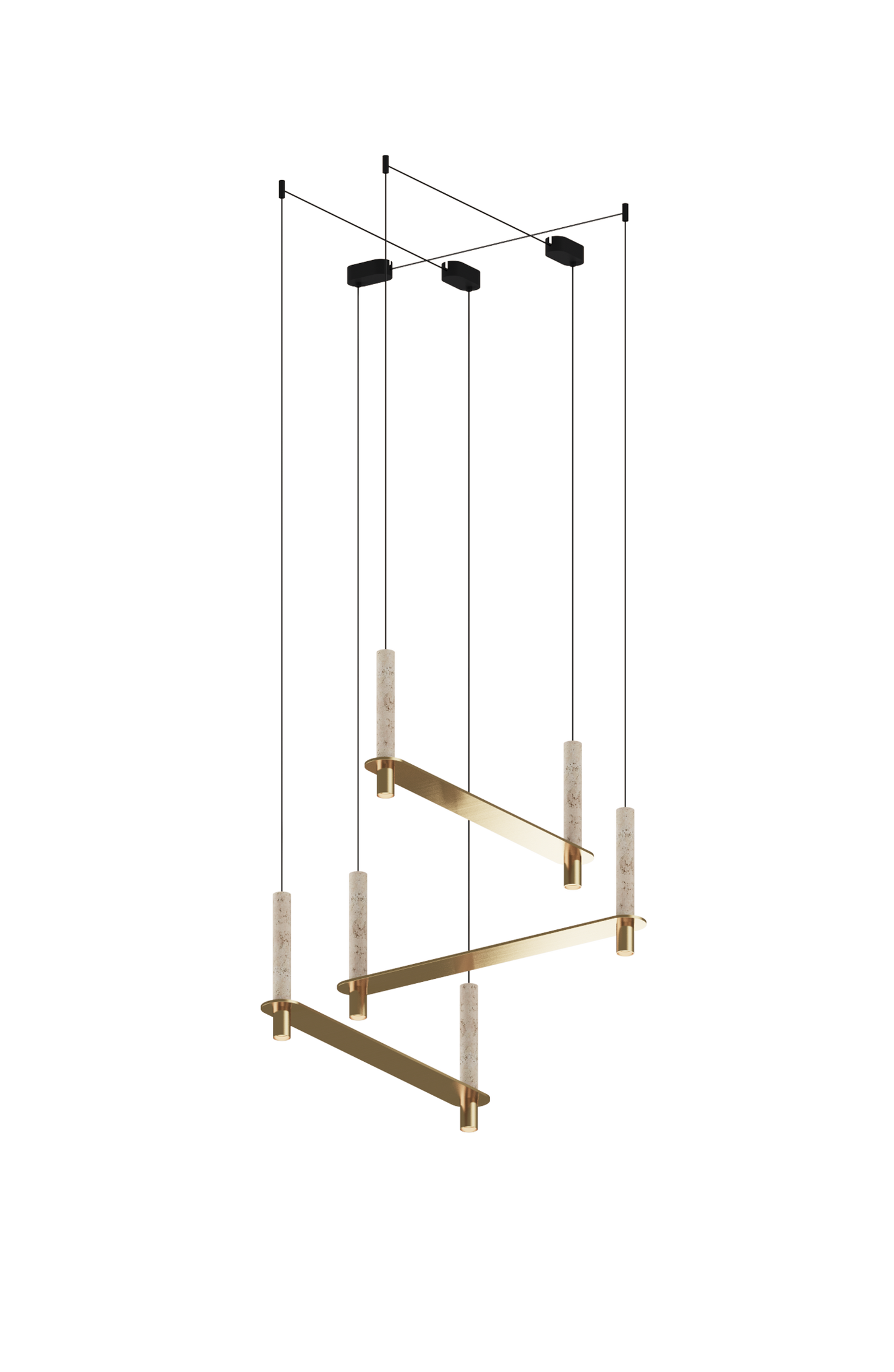 Modern pendant light fixture with brass and clear design on a white background