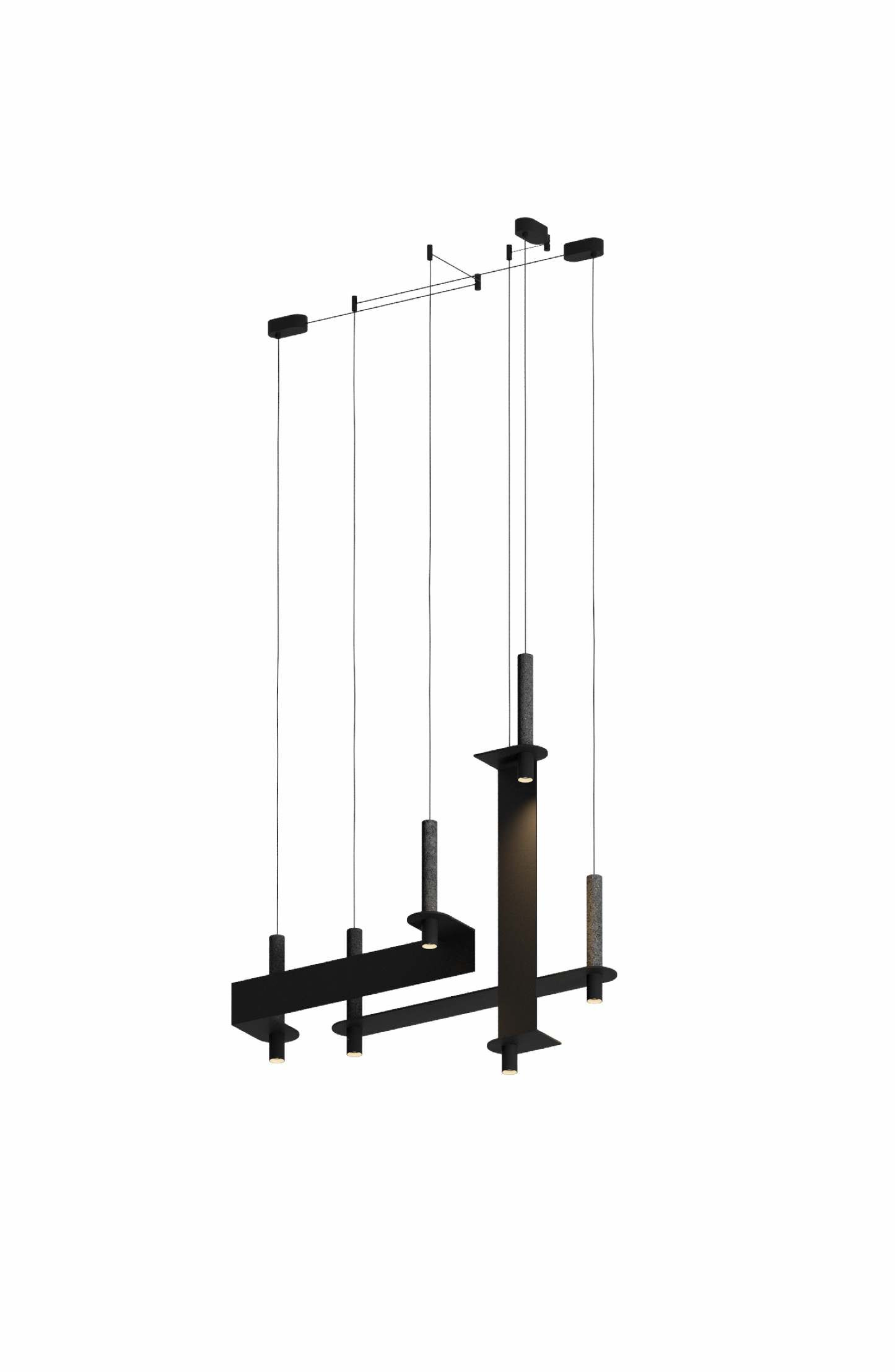 Asymmetrical black pendant lighting design featuring vertical and horizontal elements with cylindrical downlights.