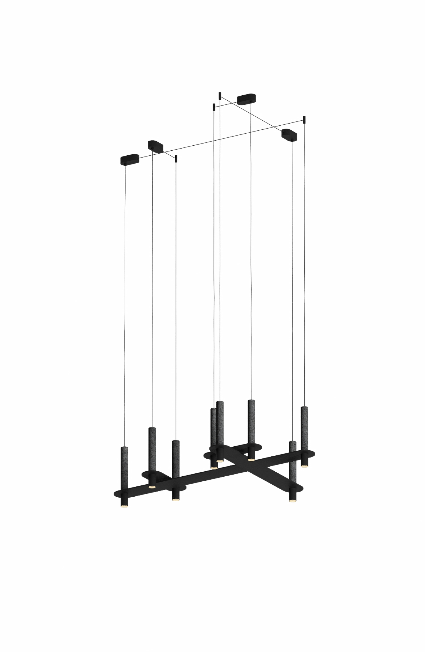 Large black pendant light configuration with intersecting horizontal bars and multiple cylindrical downlights.
