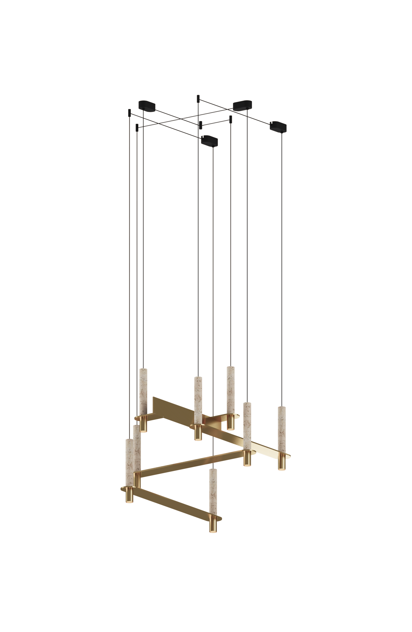 Modern hanging light fixture with brass base on a white background