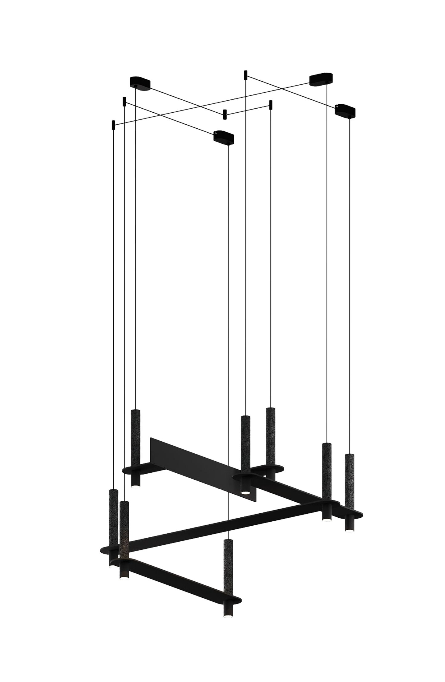 Suspended modular black pendant lighting system with two long horizontal elements and multiple cylindrical downlights.