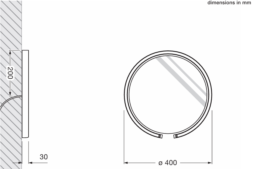 Product specifications for Matt White / 40 cm w/ Clear Mirror / None